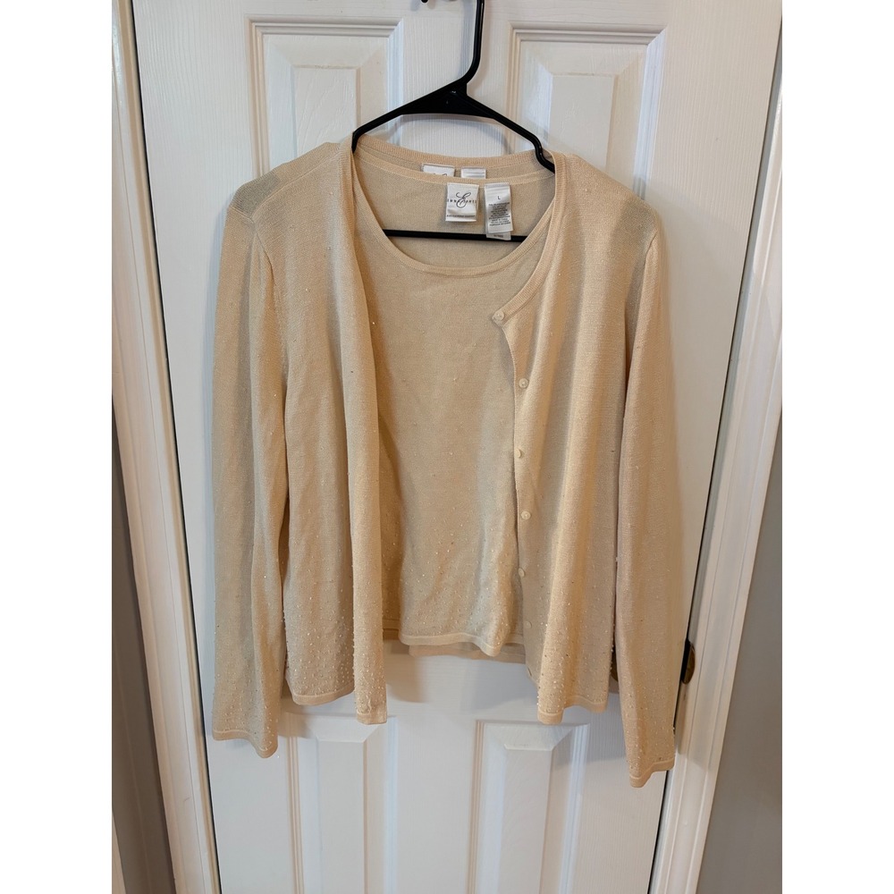 Emma James Twin Set Womens L Gold Silk Blend Metallic Beaded Cardigan Shell
